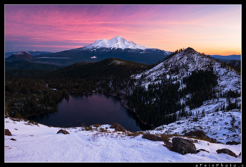 Incredible pastel sunrise over Mt. Shasta as seen from the Heart Lake area.