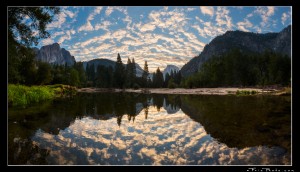 Sunrise reflections along the Merced River in Yosemite National Park