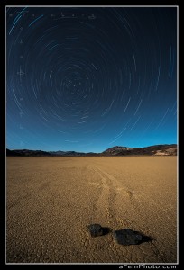 Star trails over the Racetrack Playa in Death Valley, CA