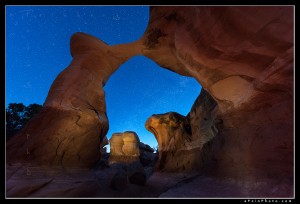 Milky Way and stars as seen through an arch in Utah's Escalante wilderness.