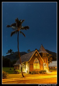 Waioli Church in Hanalei under moonlight and clear skies
