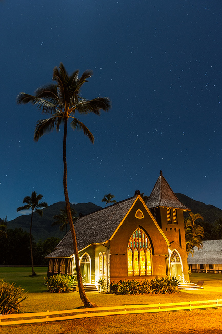 hanalei, kauai, hawaii, moonlight, church, waioli, palm tree, stars, nightscape