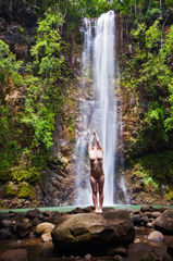 fine art landscape nude in front of hawaiian waterfall in Wailua Kauai Hawaii