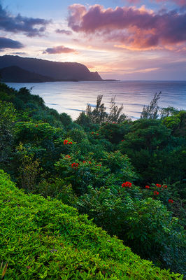 Hawaiian landscapes as seen overlooking the ocean with views of Bali Hai in Princeville, Kauai, Hawaii