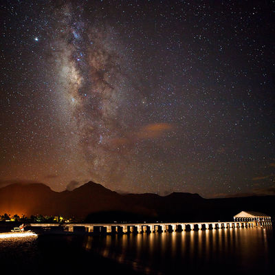 Milk Way night sky over Hanalei, Kaua'i, Hawai'i pier