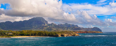 This aerial panoramic view capturing Shipwreck's Beach and the Mahaulepu coastline by Grand Hyatt Resort early morning from Poipu, Kauai, Hawaii.