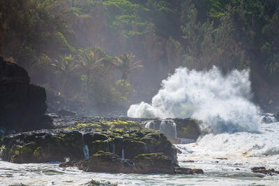 Big waves crashing over rocks along the north shore of Kaua'i with dramatic light and mist with palm trees in the background.