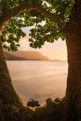 Sunset illuminates the landscape at Hanalei Bay, Kauai.