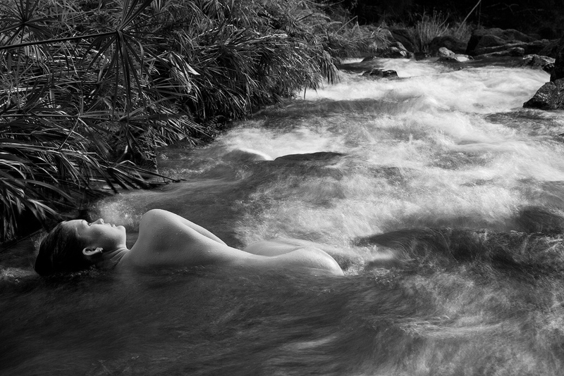 black and white fine art landscape nude woman in river water, Kilauea, Kauai, Hawaii 