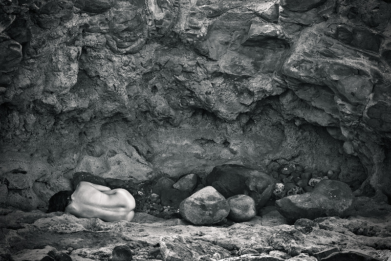black and white fine art landscape nude amongst the stones Kealia, Kauai, Hawaii