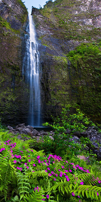 Tropical jungle waterfall Hanakapi'ai Falls in Kauai Hawaii
