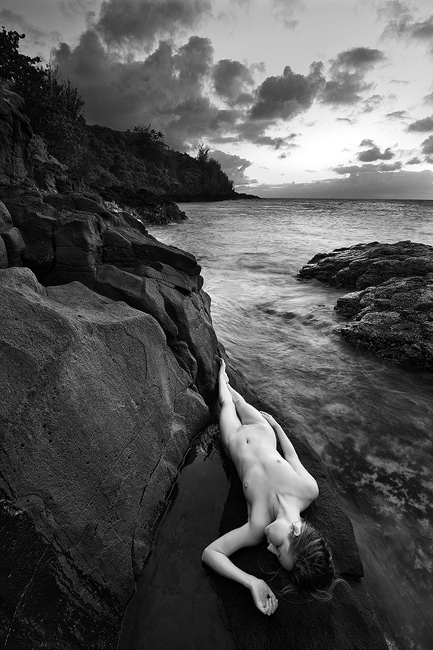 black and white fine art landscape nude on the water, along the coast Princeville, Kauai, Hawaii 