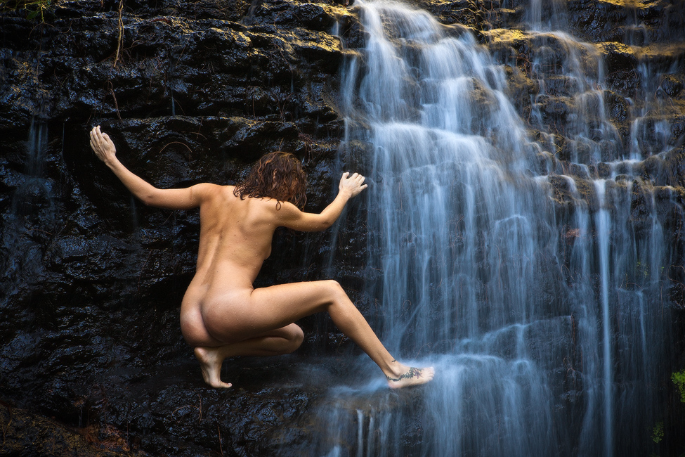 fine art landscape nude in hawaiian waterfall Princeville, Kauai, Hawaii