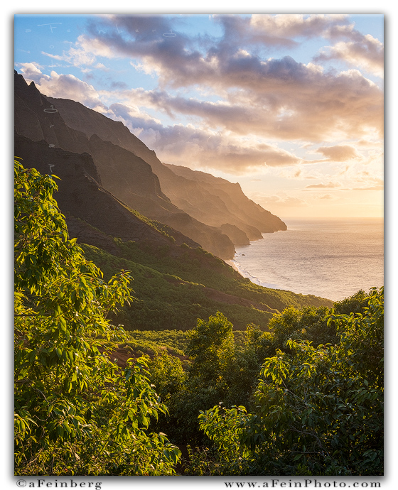 Arriving above Kalalau Beach at sunset after a 7 hour day of hiking the Na Pali Coast.