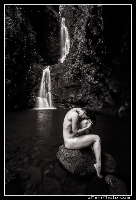 black and white fine art landscape nude at Makaleha Falls, Kauai, Hawaii 